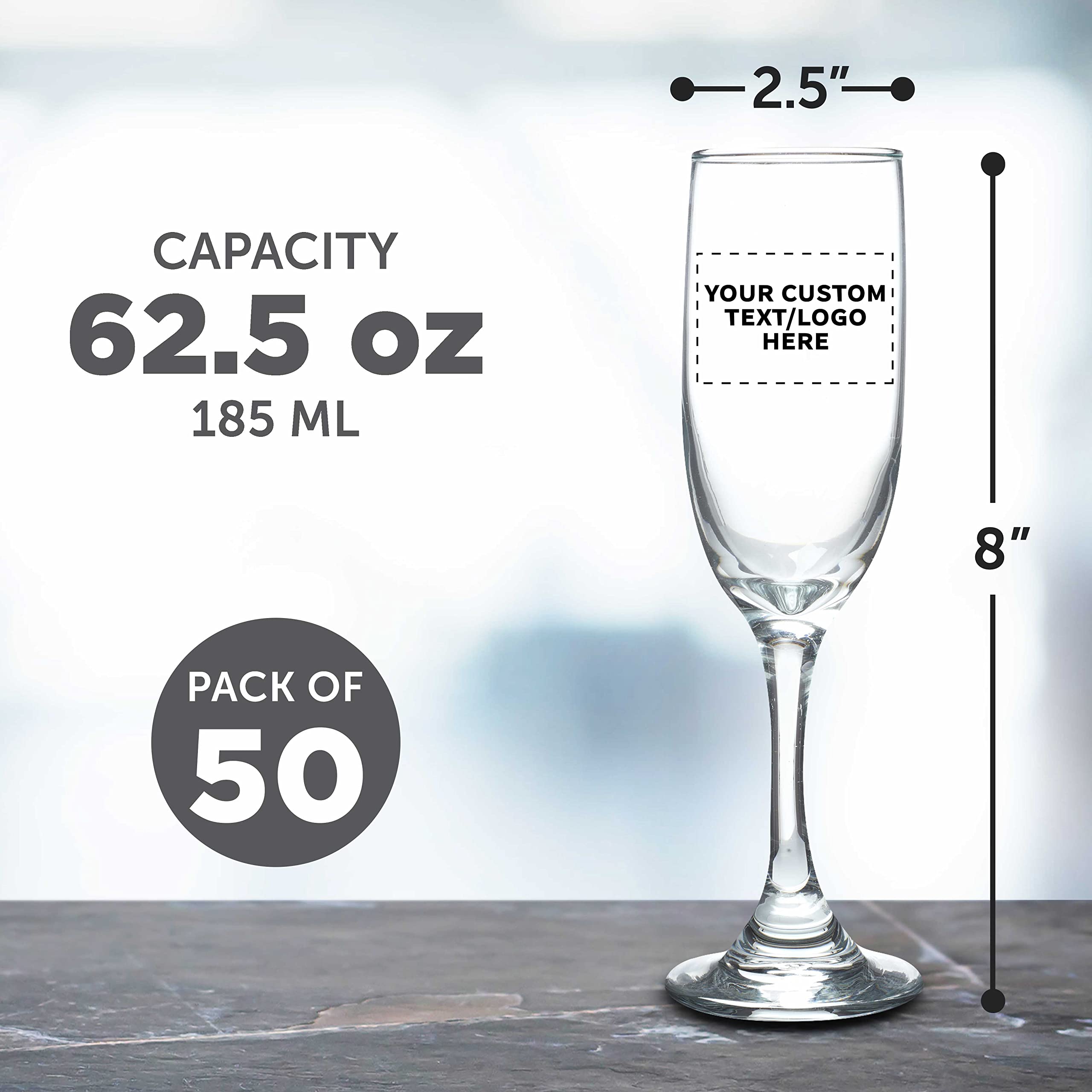 Custom Engraved Champagne Flutes 6.25 oz (Set of 50) - Elegant Wedding Toast Glasses, Bulk Party Drinkware & Promotional Gifts - Clear Crystal Glass - Perfect for Weddings, Corporate Events, Bridal Showers & Branding Giveaways