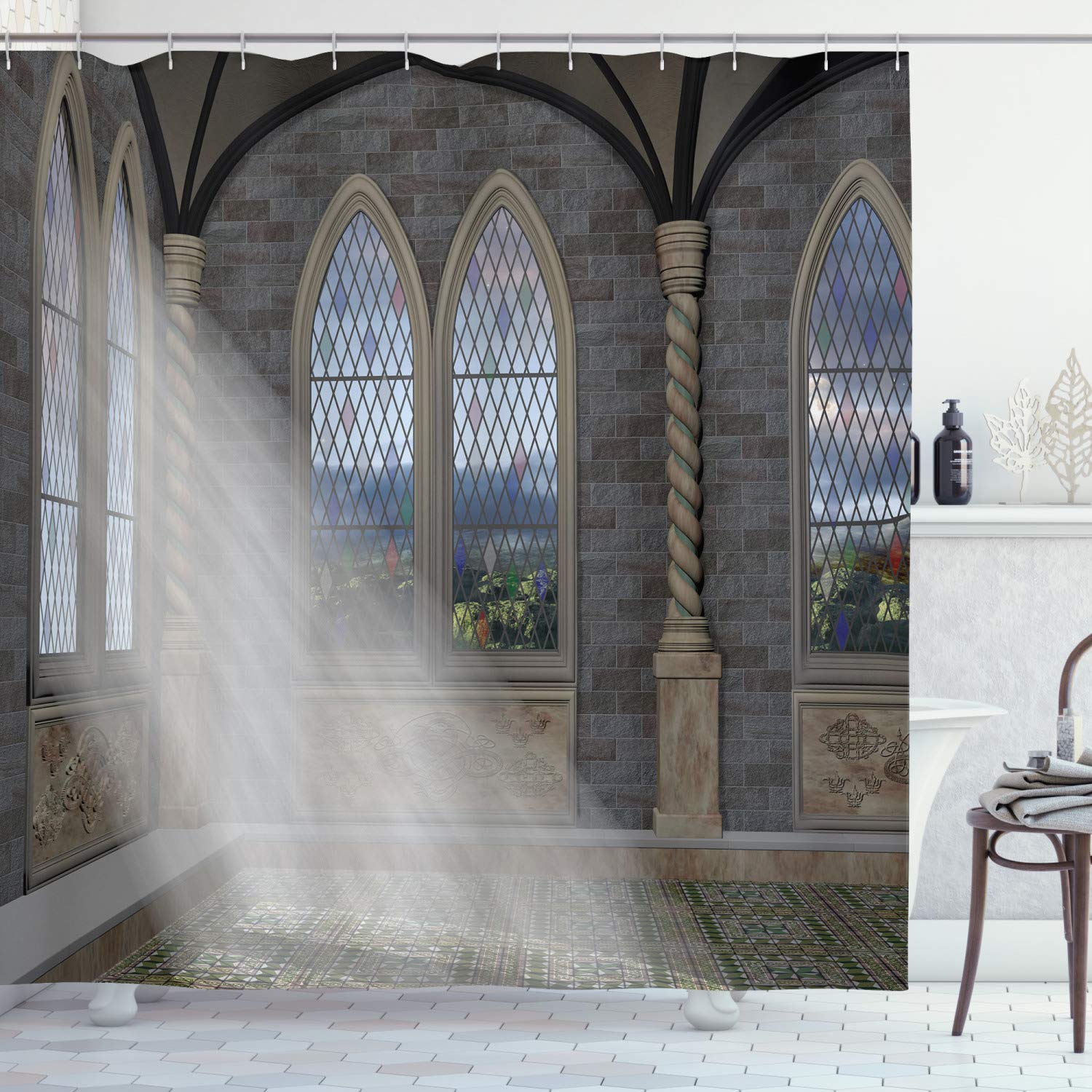 Ambesonne Gothic Fantasy Shower Curtain - Stained Glass Window Palace Castle Design with Crepuscular Rays, 105