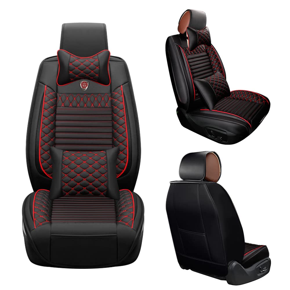 Premium Universal Leather Car Seat Covers for Dodge - Black & Red Design with Headrest & Lumbar Support | Front Seat Protection | Perfect for Daily Commute, Road Trips & Vehicle Interior Upgrade