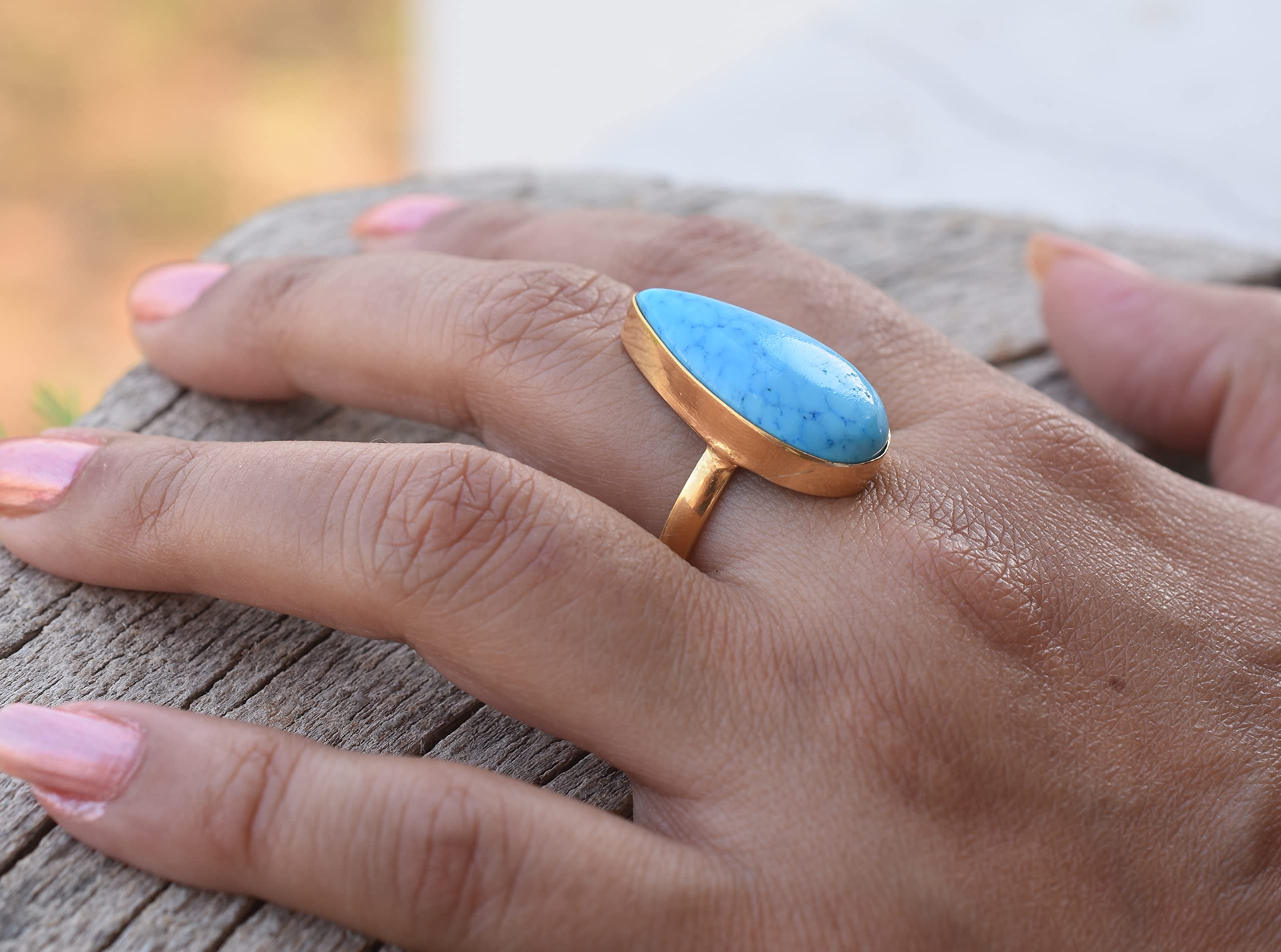 Veracity Jewelry Gold Plated Gemstone Rings for Women & Girls - Handmade Western Style Turquoise Blue Rings - Perfect Gift for Birthday, Anniversary, Wife, Mom, Girlfriend, Sister - Ideal for Casual Wear, Date Night, and Special Occasions