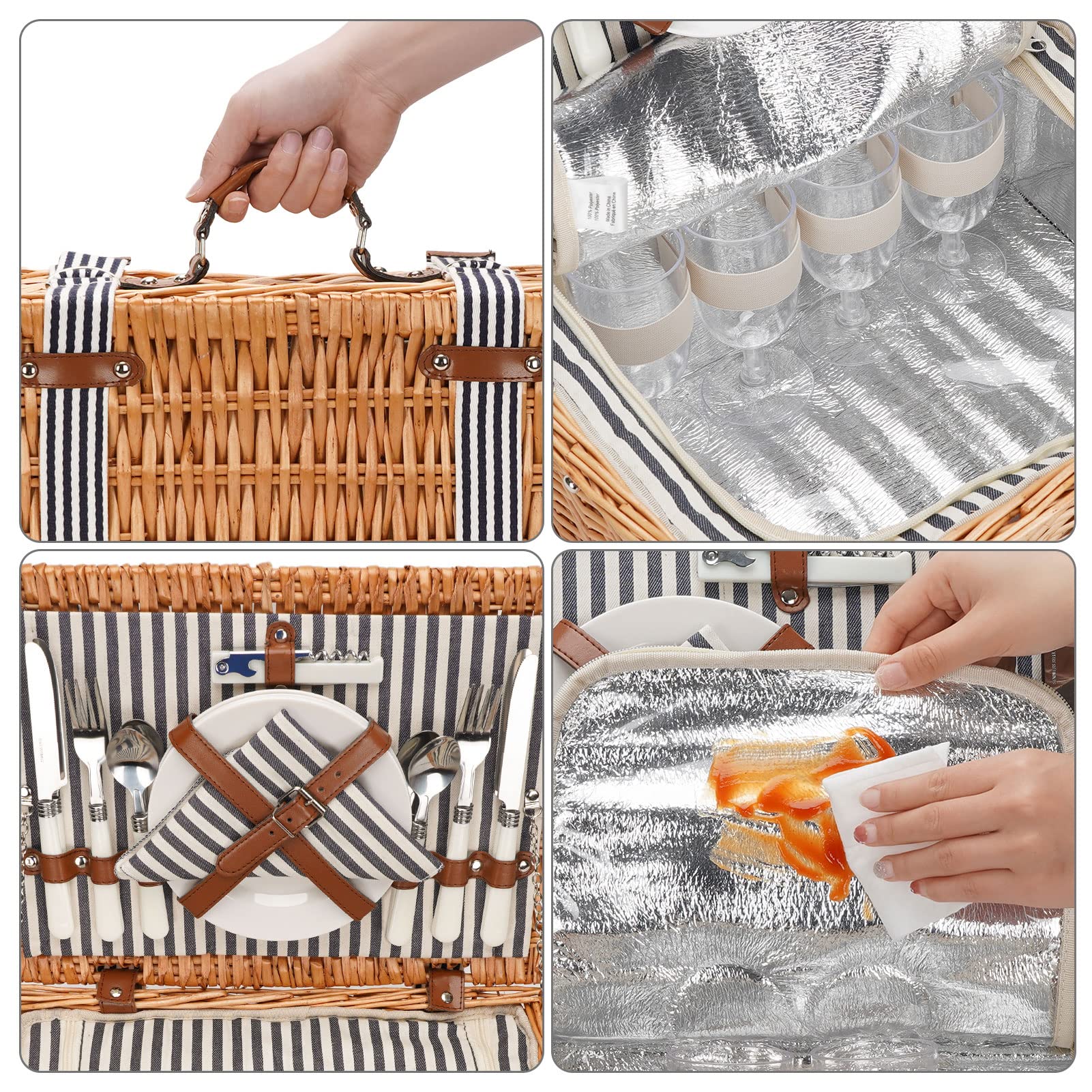 Handmade Willow Picnic Basket Set for 4 Persons with Insulated Cooler, Cutlery Kit & Blanket - Perfect for Couples, Valentine's Day, Birthday, Wedding Gifts - Ideal for Outdoor Picnics, Beach Trips, Camping and Romantic Dates