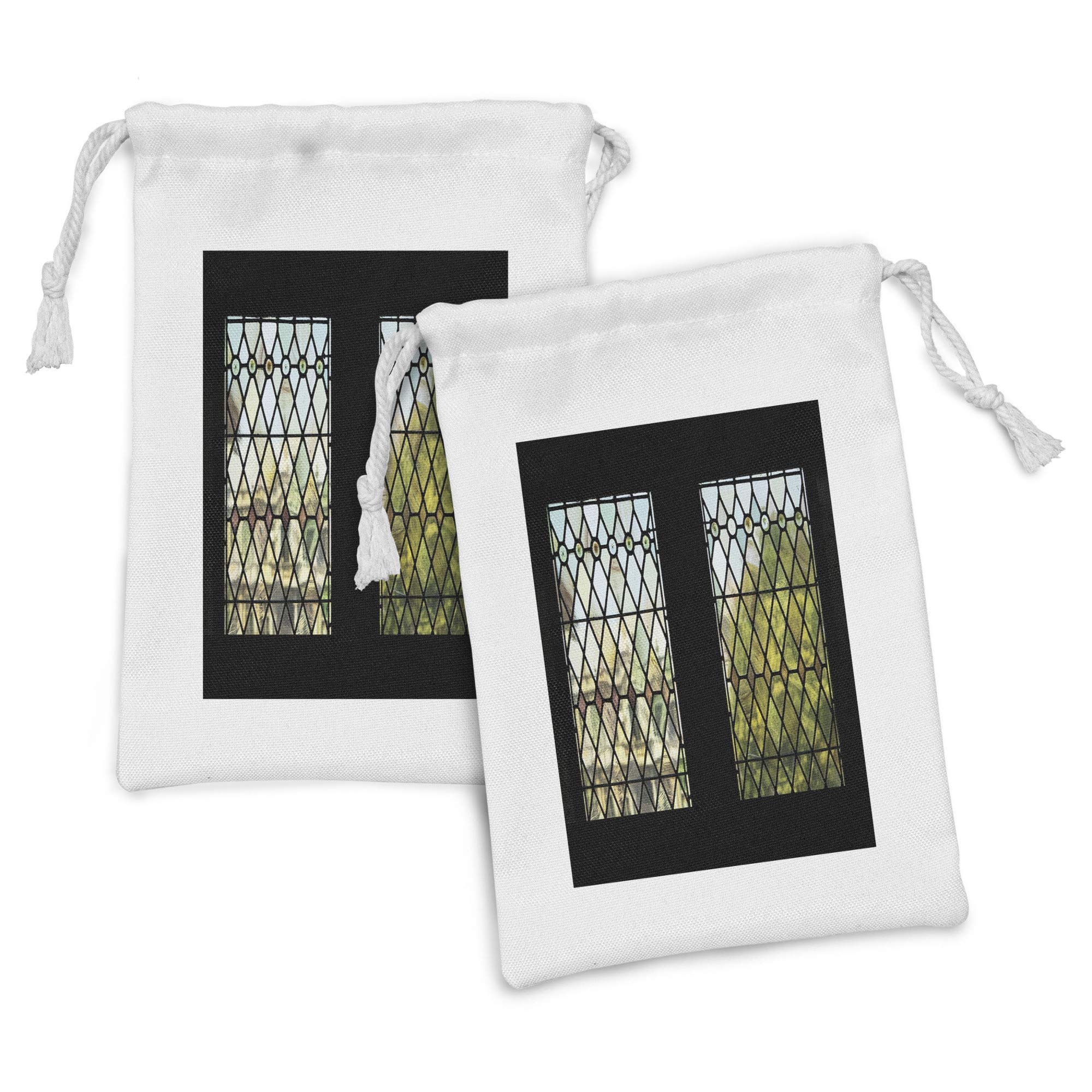 Ambesonne 2-Pack Fabric Drawstring Pouches - Cityscape Town Hall Monument Window View Design, Small Multicolor Storage Bags (9