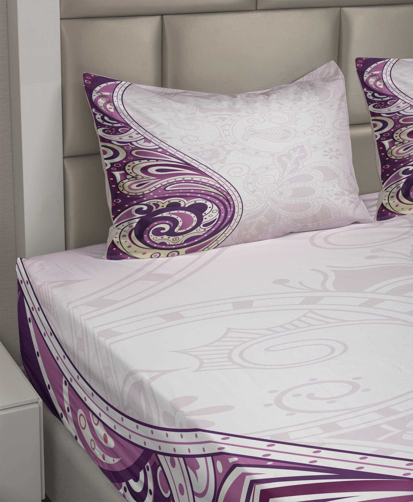 Ambesonne Floral King Sheet Set - 4 Piece Bedding with Swirled Petals Oriental Design, Fitted & Flat Sheets + Pillowcases - Pale Pink Fuchsia Plum - Perfect for Master Bedroom, Guest Room & Bohemian Home Decor