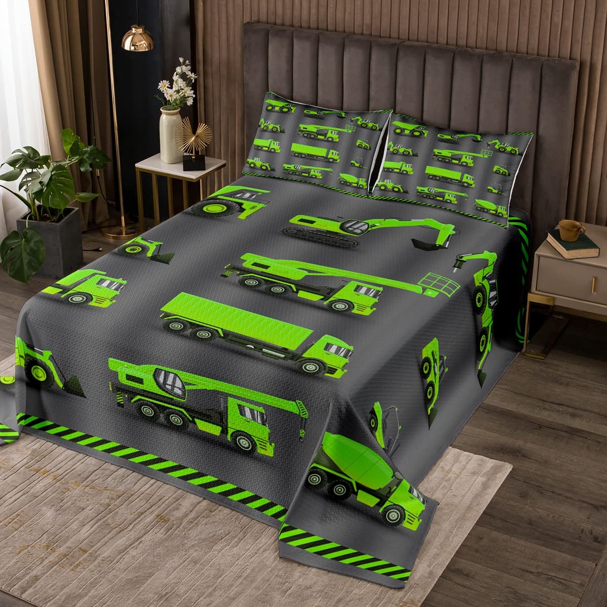 Feelyou Kids Construction Themed Bedspread Set - Green & Black Cartoon Excavator Quilt with 2 Pillowcases - King Size Tractor & Truck Design Bed Cover for Boys' Room Decor | Perfect for Construction-Themed Bedrooms & Playrooms