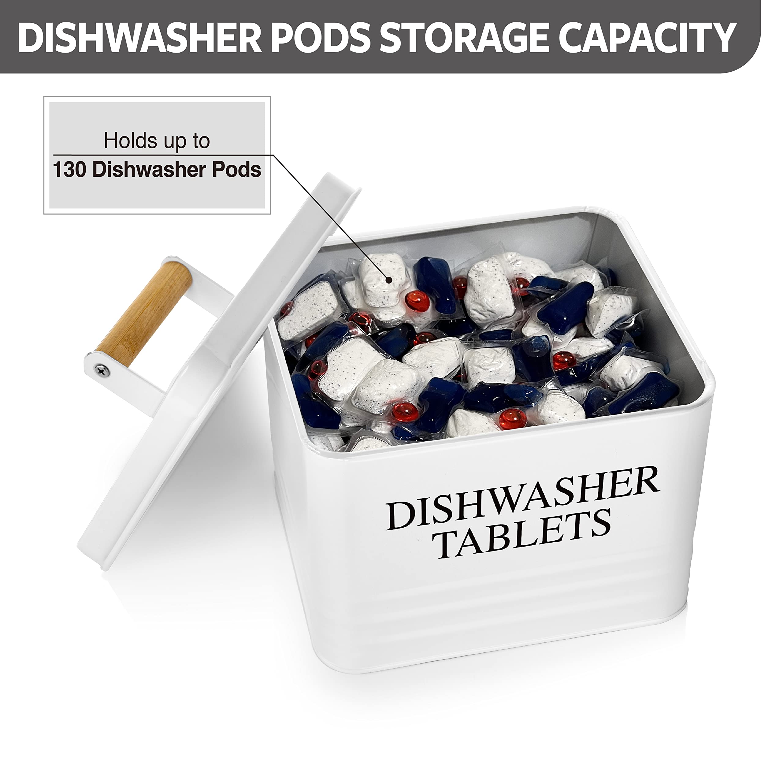 Modern Farmhouse Metal Dishwasher Pods Holder with Lid - White Kitchen Storage Container for Pods & Detergent - Perfect for Kitchen Organization & Farmhouse Decor - Ideal for Dishwasher Pod Storage, Countertop Organization, and Farmhouse Style Kitchens