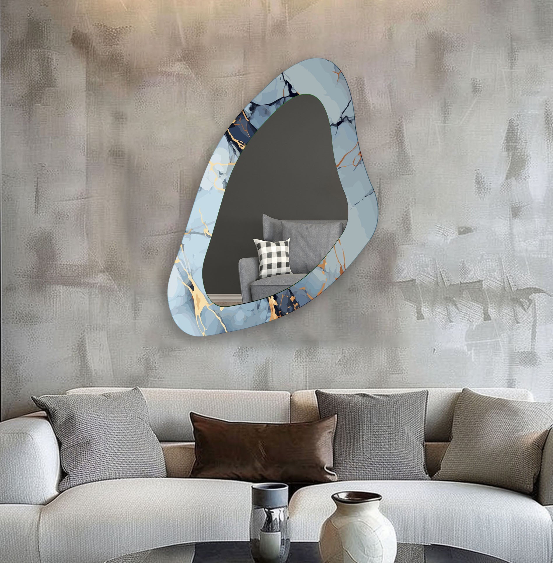 Blue Marble Decorative Glass Wall Mirror - Elegant Round Bathroom Vanity Mirror for Bedroom & Living Room Decor