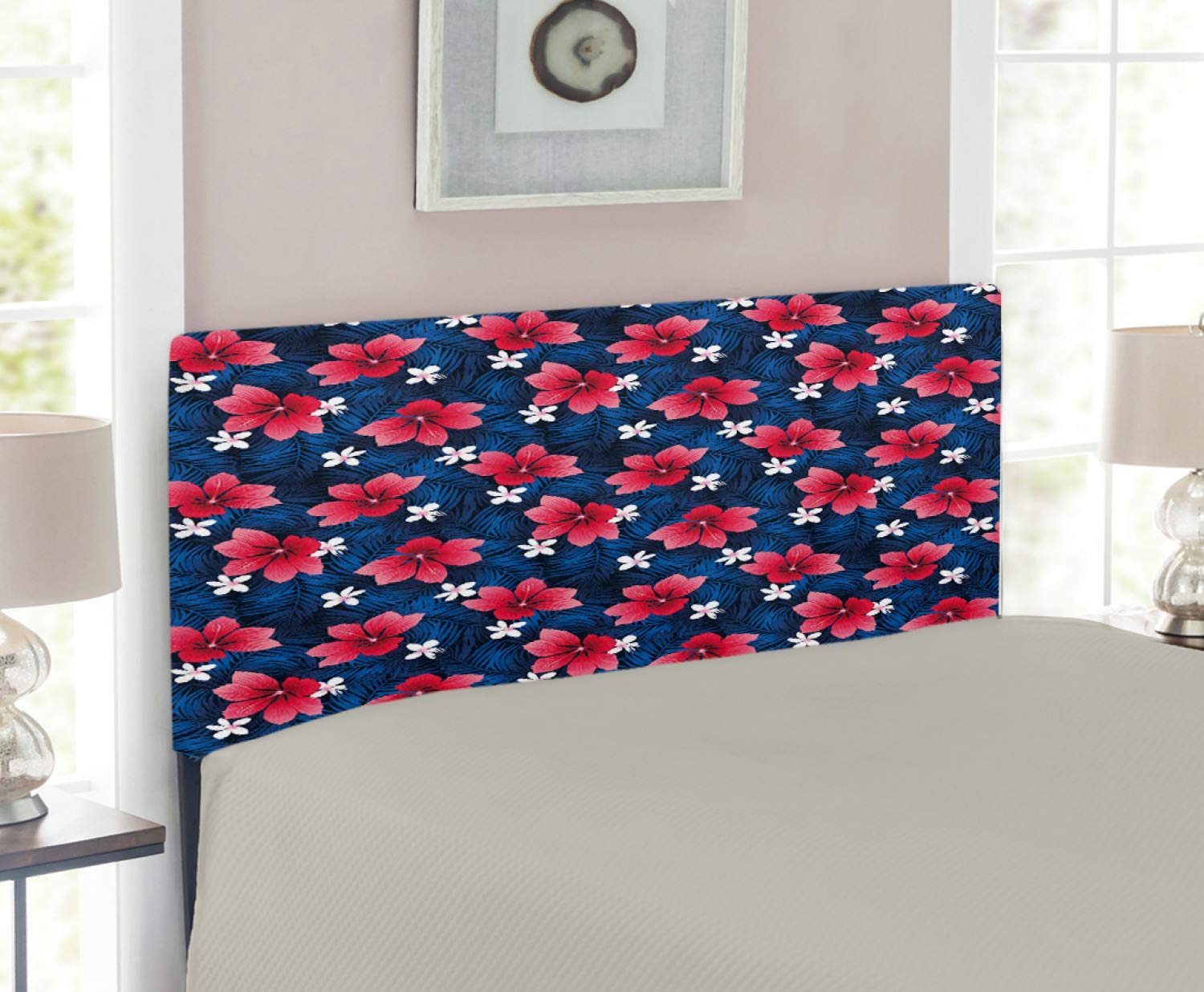 Ambesonne Navy Blue and Blush Pink Upholstered Headboard - Exotic Hibiscus Plumeria Floral Pattern - Twin Size Decorative Metal Bed Headboard with Memory Foam - Perfect for Hawaiian, Tropical, or Coastal Bedroom Decor