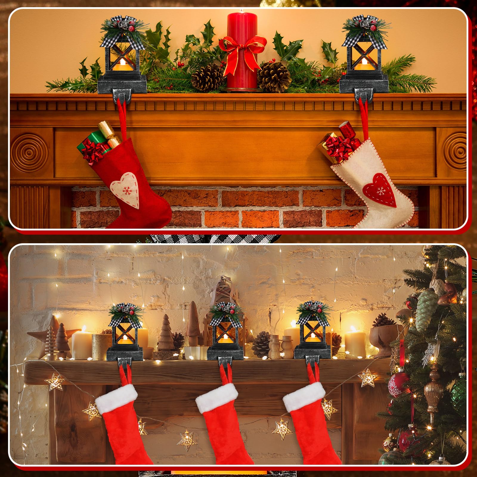 Therwen 2-Pack Christmas Stocking Holders - Classic Black Retro Lantern Hangers with Lights for Fireplace Mantel - Indoor/Outdoor Holiday Decor for Home, Party & Gift Giving