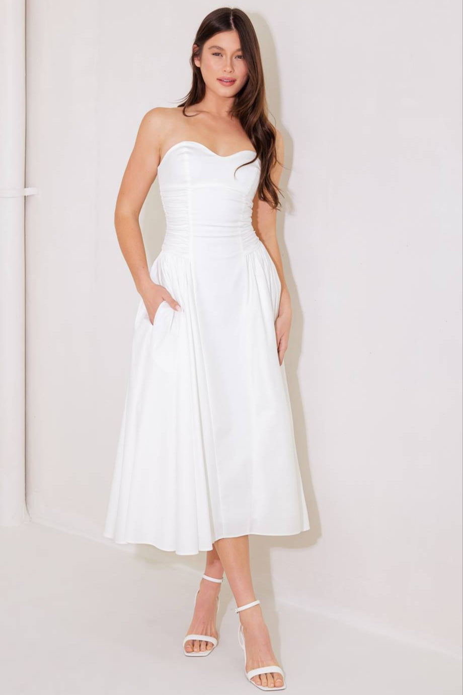 Gorgeous Reputation Strapless Midi Dress in White - Perfect for Weddings, Parties & Evening Events