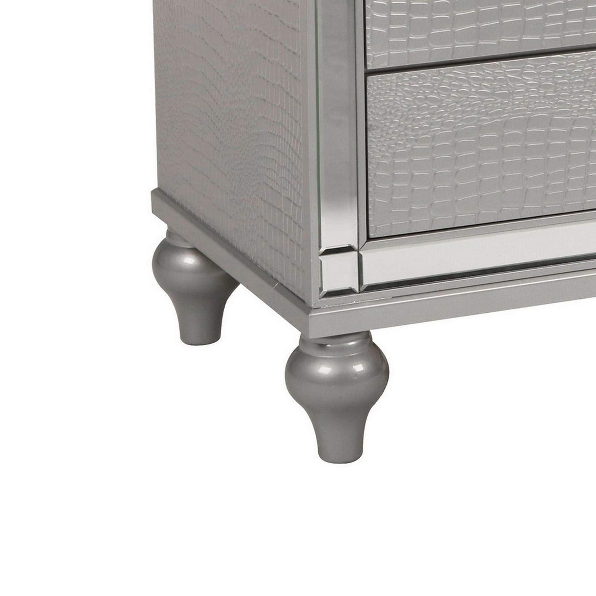 Benjara 3 Drawer Wooden Nightstand with Mirror Accents & Crystal Knobs - Silver Finish Bedside Table for Bedroom, Living Room, or Guest Room Decor