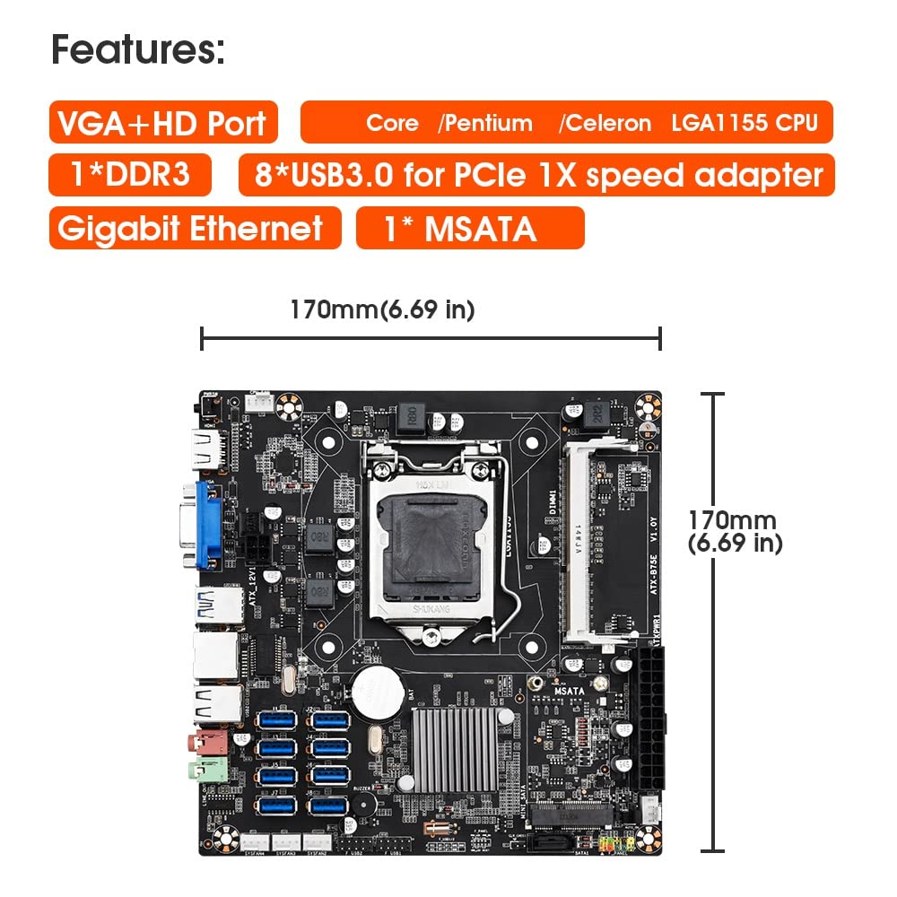 Lodokdre B75E 8 Card BTC Mining Motherboard with Intel B75 Chipset, LGA1155 Socket, DDR3 RAM, 8 USB 3.0 Ports - Includes CPU, CPU Fan, Thermal Grease & SATA Cable - Perfect for Bitcoin Mining Rigs & Crypto Mining Setup
