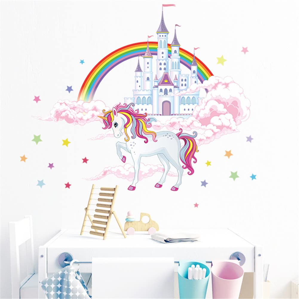 Unicorn Wall Stickers & Decals with Rainbow Castle - Removable Wall Art Decor for Kids, Boys, Girls Bedroom, Nursery, Party - Perfect for Home Decoration, Birthday Parties & Kids Room Themes