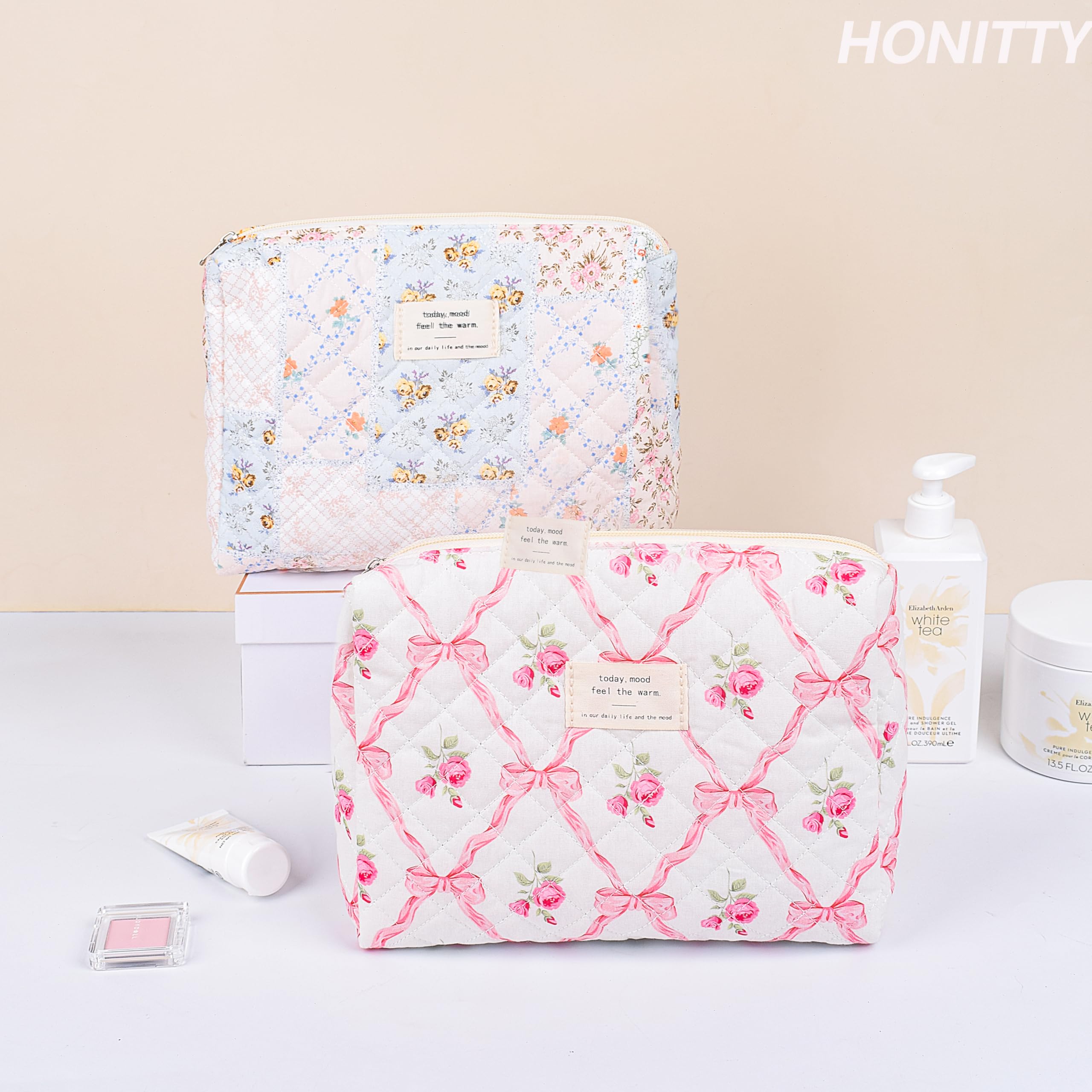 Quilted Floral Makeup Bag for Women - Medium Travel Cosmetic Pouch with Cotton Lining, Cute Storage Organizer for Brushes & Toiletries | Perfect for Travel, Gym & Daily Essentials