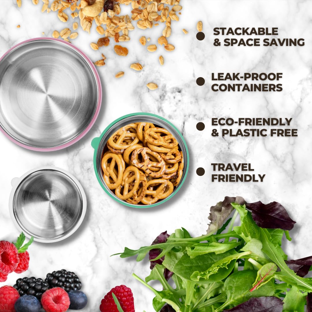 Premium Stainless Steel Snack Containers Set of 3 - BPA-Free Food Storage with Lids for Fruits, Lunch, Condiments | Leakproof & Durable for School, Office, Picnics & Meal Prep