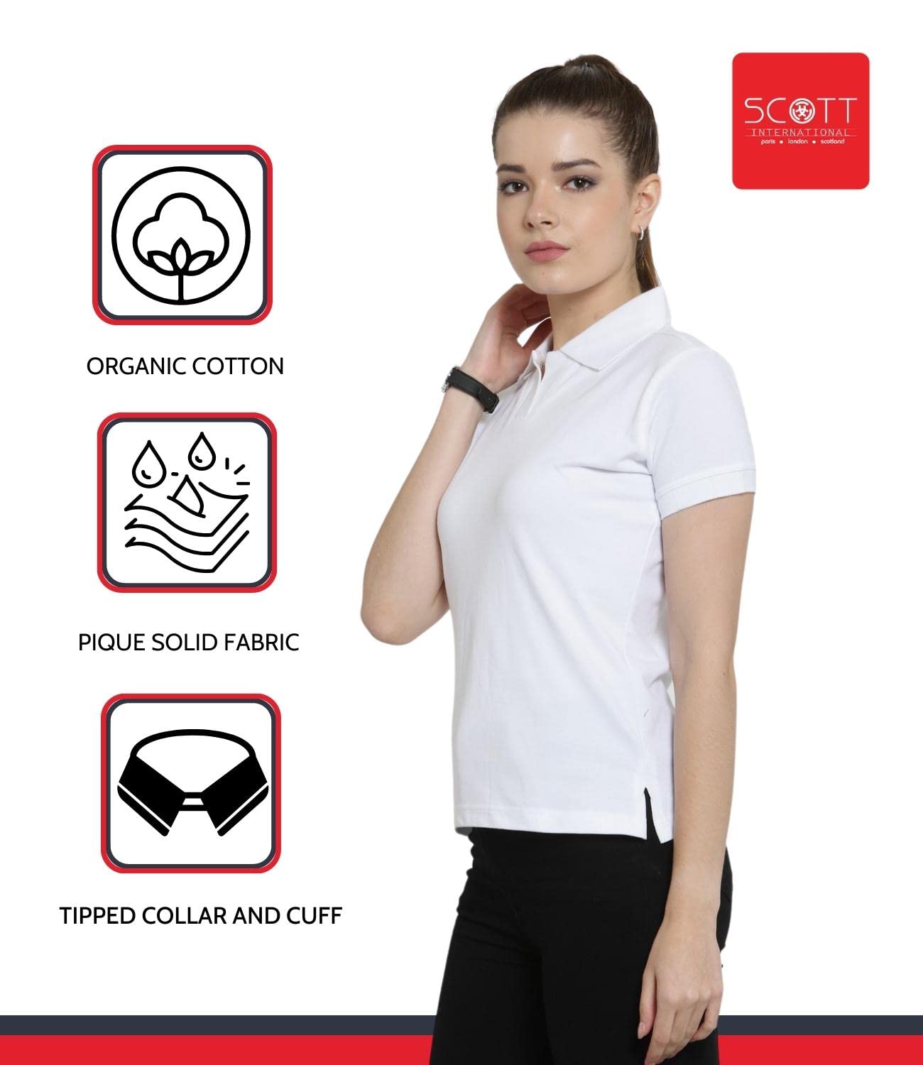 Scott International Women's 100% Organic Cotton Polo Shirt - Regular Fit Half Sleeve T-Shirt with Classic Polo Collar (White, Large) | Casual Wear, Office Outfits & Summer Fashion