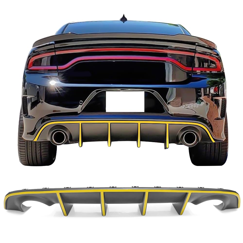 IKON MOTORSPORTS Bumper Lip Spoiler for 2015-2023 Dodge Charger SRT | Factory Style Rear Diffuser with Yellow Reflective Tape | Enhances Aerodynamics & Style for Street Racing & Car Shows