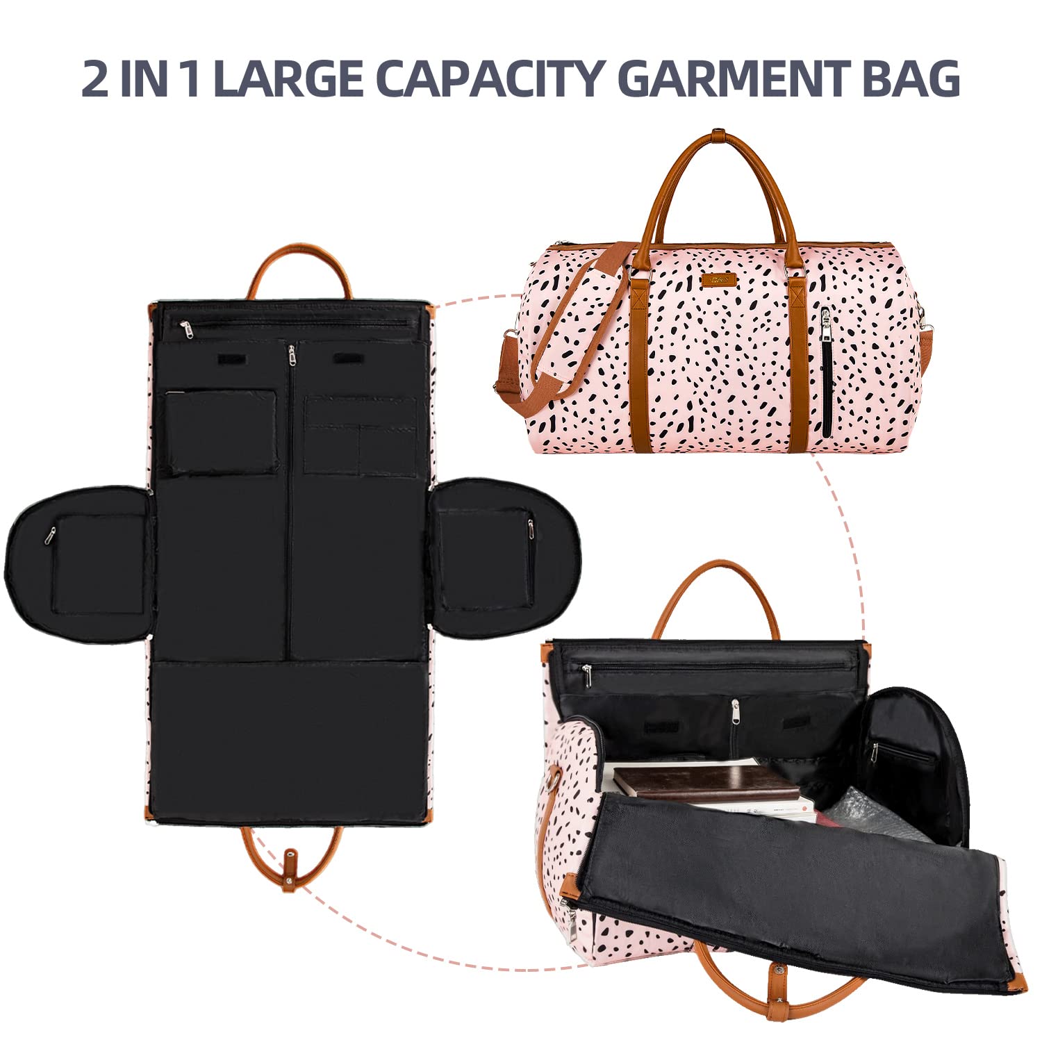 Convertible Travel Garment Duffle Bag - 2-in-1 Carry On Weekender Bag with Detachable Toiletry Pouch for Men & Women, Hanging Suitcase for Business Trips & Vacations (Pink Leopard Print) - Perfect for Air Travel, Gym, Weekend Getaways & Business Meetings