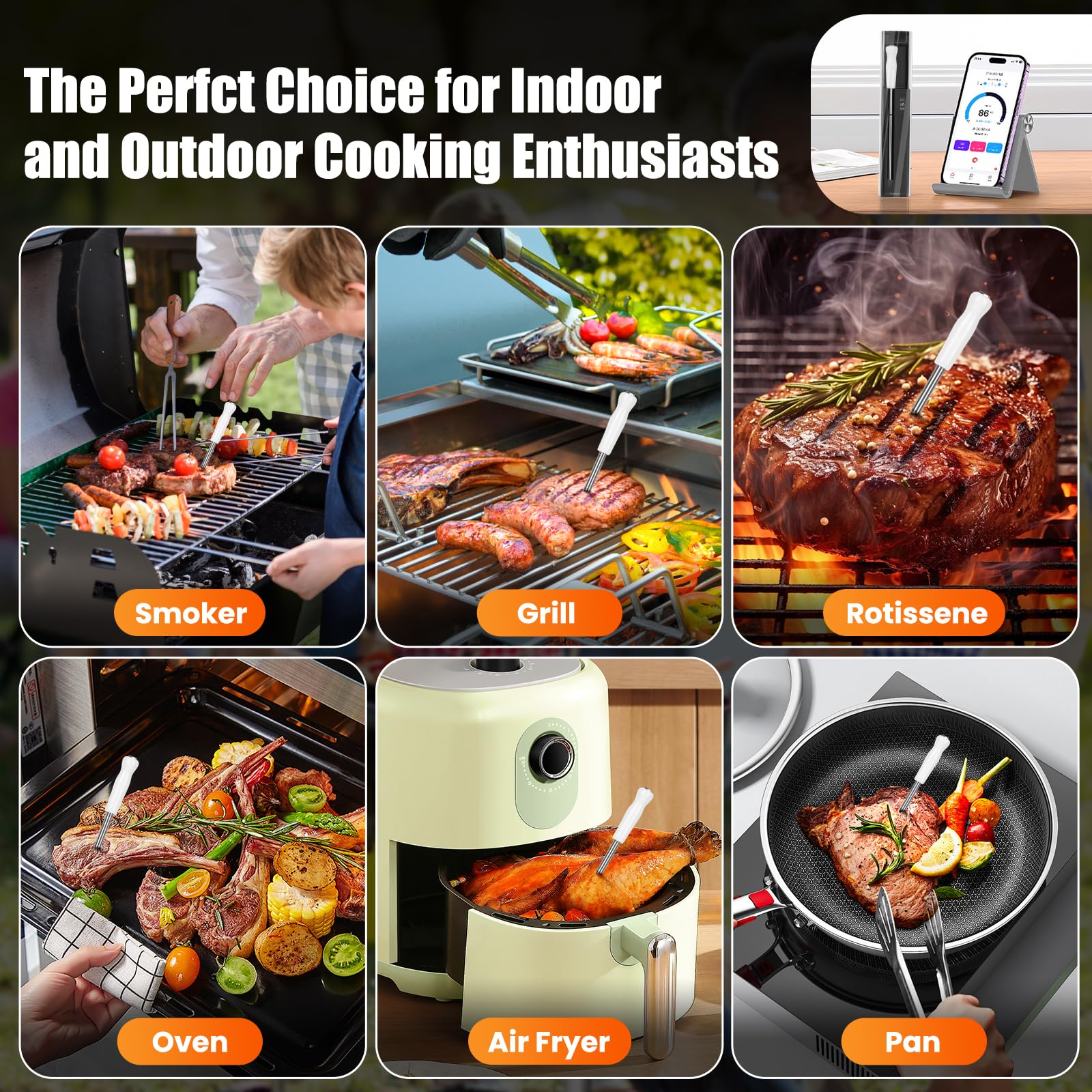 Portable Smart Wireless Meat Thermometer with Bluetooth & App Control - 500FT Range for Kitchen, BBQ, Smoker, Rotisserie, Gas Oven & Grill | Perfect for Indoor Cooking, Outdoor Grilling & Professional Chefs