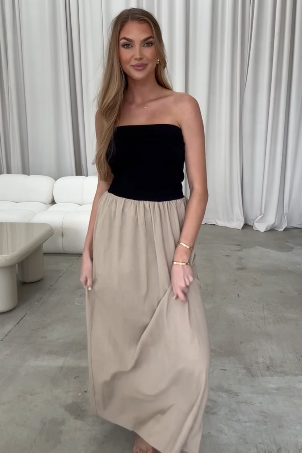 Kaylee Linen and Ribbed Knit Maxi Dress for Women - Black/Tan - Summer Beach Wedding, Vacation & Casual Wear