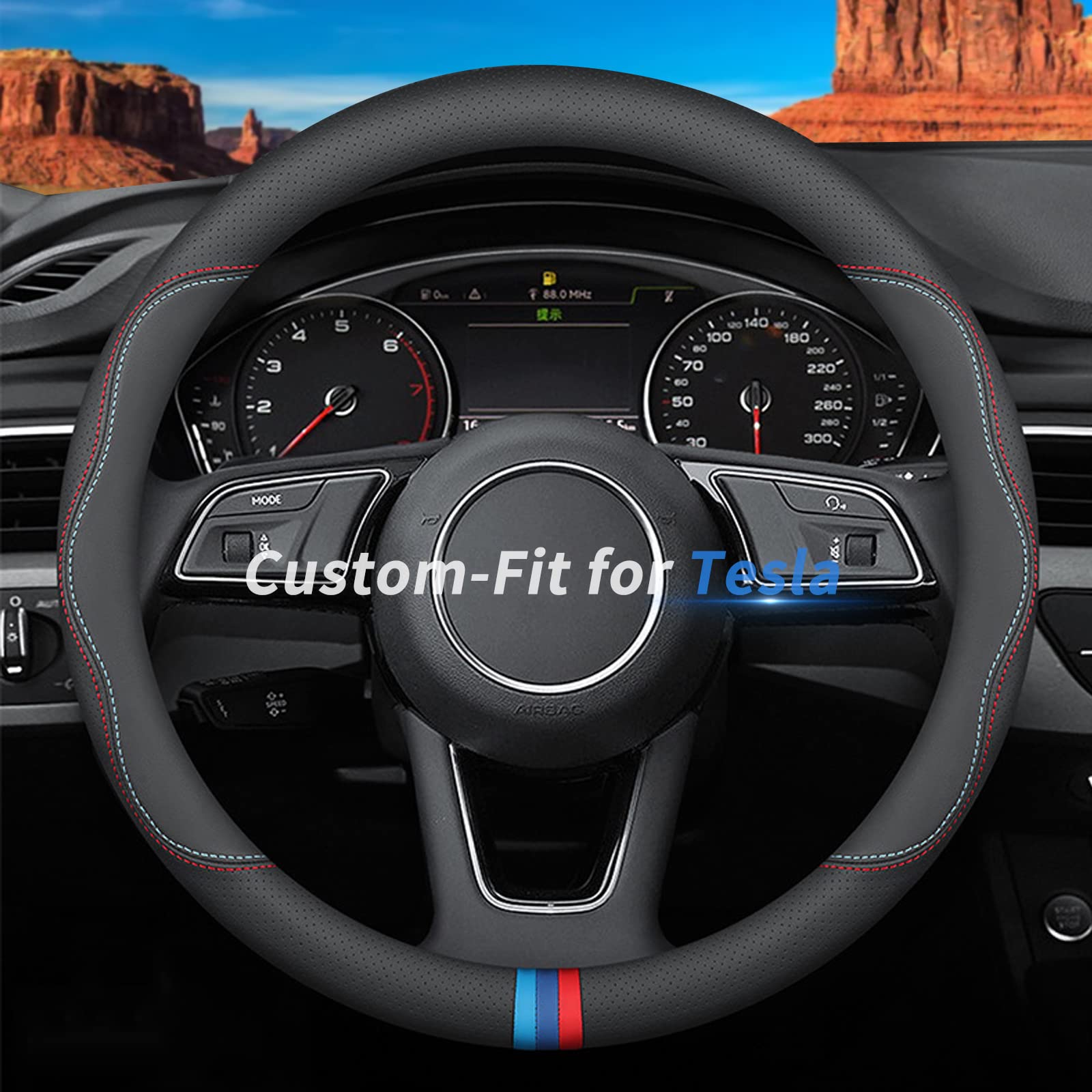 Premium Leather Tesla Steering Wheel Cover with Logo - Non-Slip, Breathable C-Style Design for Model 3/Y/S/X - Enhance Grip & Comfort for Daily Driving & Road Trips