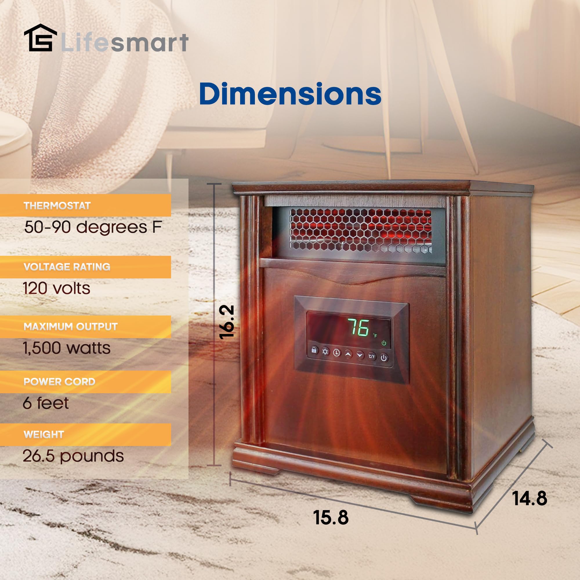 LifeSmart LifePro 1500W Portable Infrared Quartz Space Heater with Remote Control - Fast Heating for Bedroom, Office & Indoor Use - Energy Efficient with 4 Heating Elements - Brown Oak Wood Design
