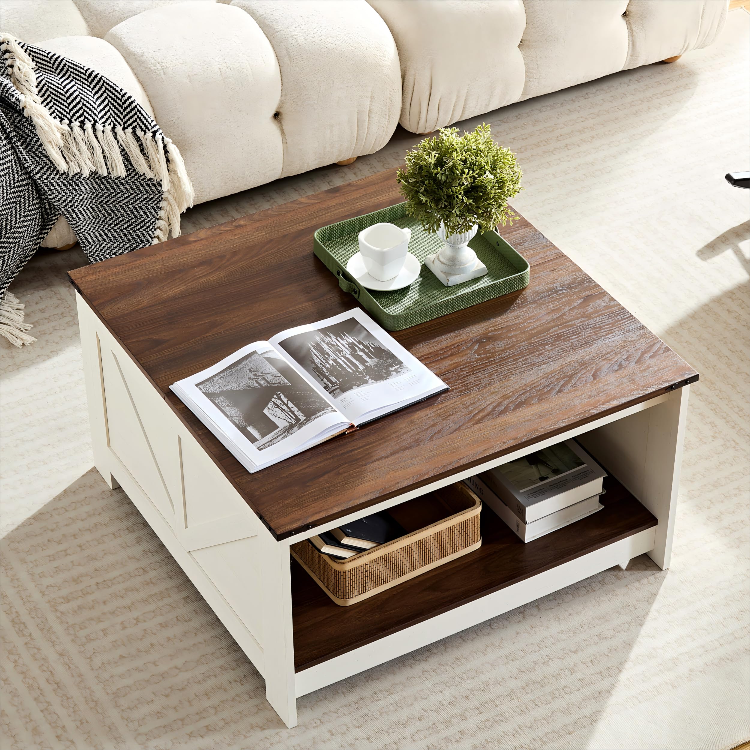 Farmhouse TV Stand and Coffee Table Set - 2 Piece Entertainment Center for 75 Inch TV with Built-in Power Outlet, Rustic Wood Square Coffee Tables for Living Room in Antique White - Perfect for Cozy Living Rooms, Home Theaters & Farmhouse Decor