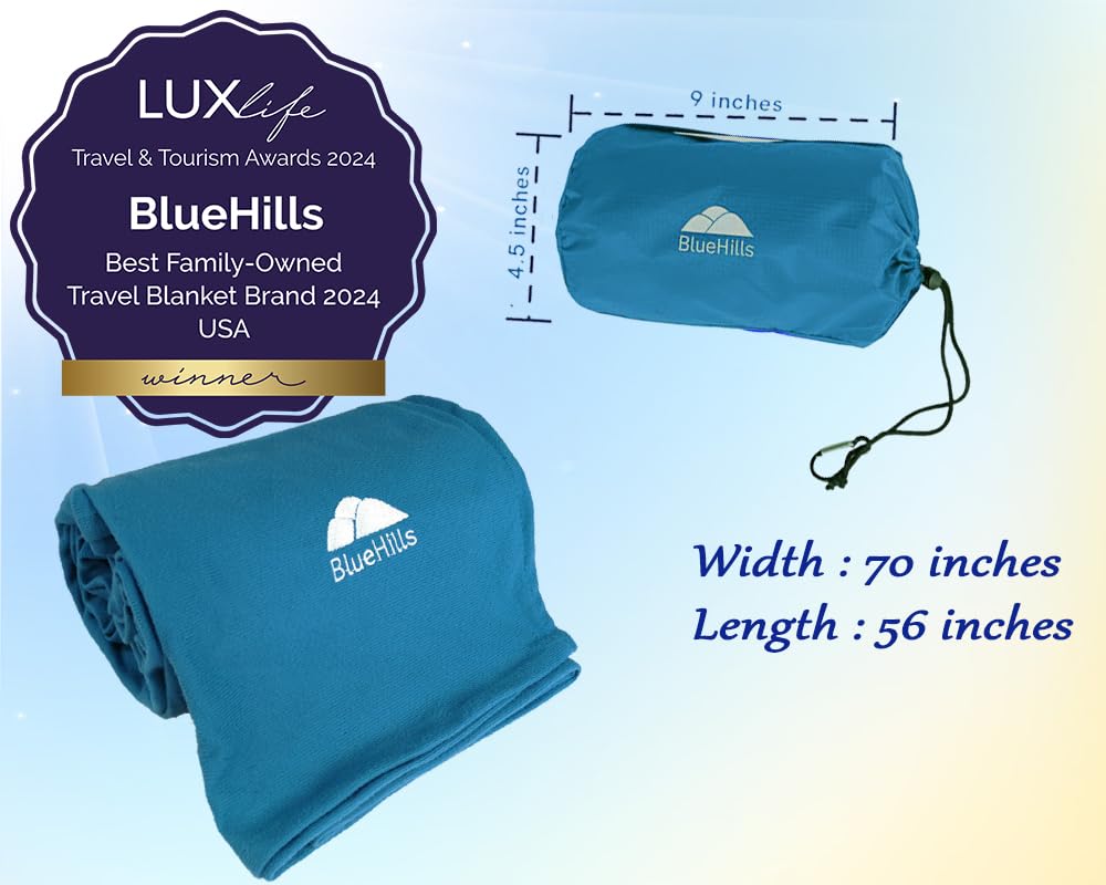 Ultra Compact Travel Blankets for Two - Premium Soft Plush Large Airplane Blankets with Carry Case - 2 Pack for Couples Traveling by Car, Plane, Train or Hotel Stay - Perfect for Cold Flights, Road Trips & Cozy Nights - Teal Blue Peacock Design (C204-2pk)