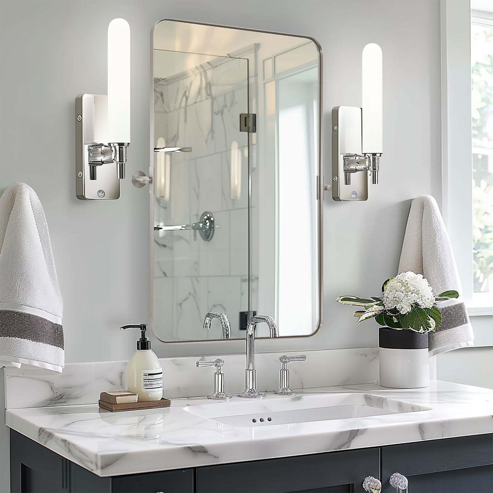 Tilting Rectangular Pivot Mirror for Bathroom & Vanity - Stainless Steel Frame | Space-Saving Wall Mounted Mirror for Makeup, Shaving & Home Decor