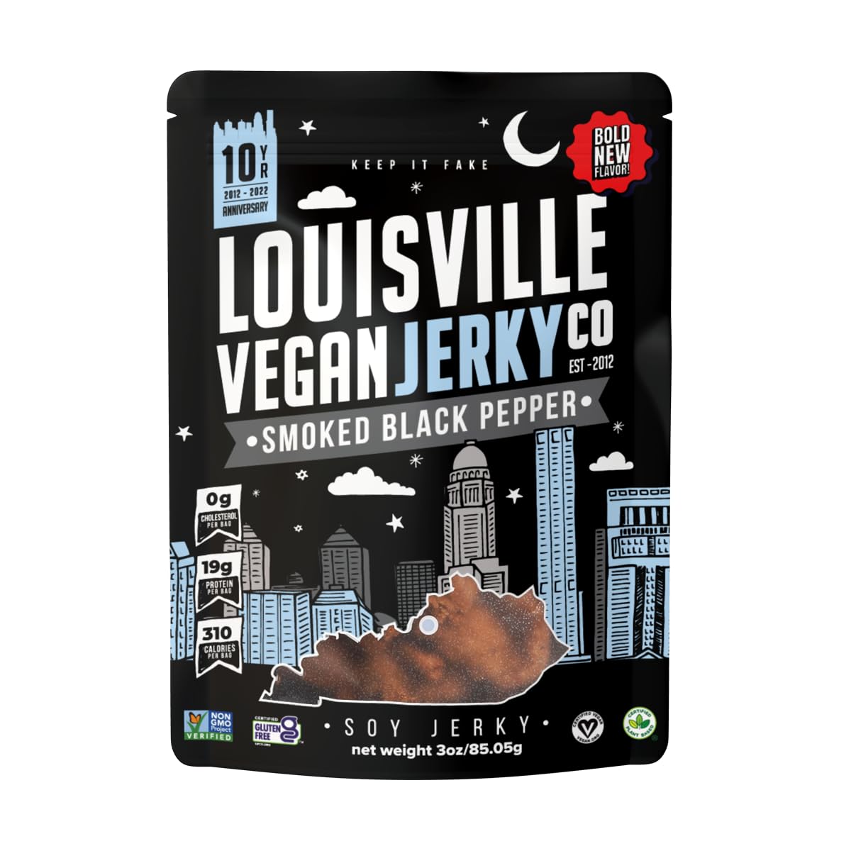 Louisville Vegan Jerky - Smoked Black Pepper Plant-Based Protein Snack, 19g Non-GMO Soy Protein, 310 Calories per Bag, Gluten-Free, High Protein Vegan & Vegetarian Jerky - Perfect for Hiking, Travel & Keto Diet
