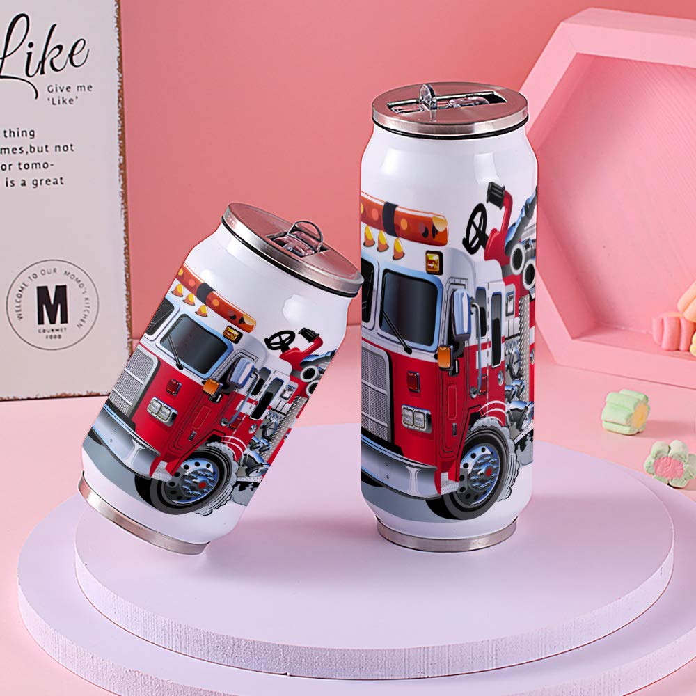 14oz Stainless Steel Tumbler with Lid & Straw - Double Wall Vacuum Insulated Travel Mug for Hot & Cold Drinks - Fire Truck Design Water Bottle for Adults & Kids - Perfect for Office, Gym, Camping & Road Trips