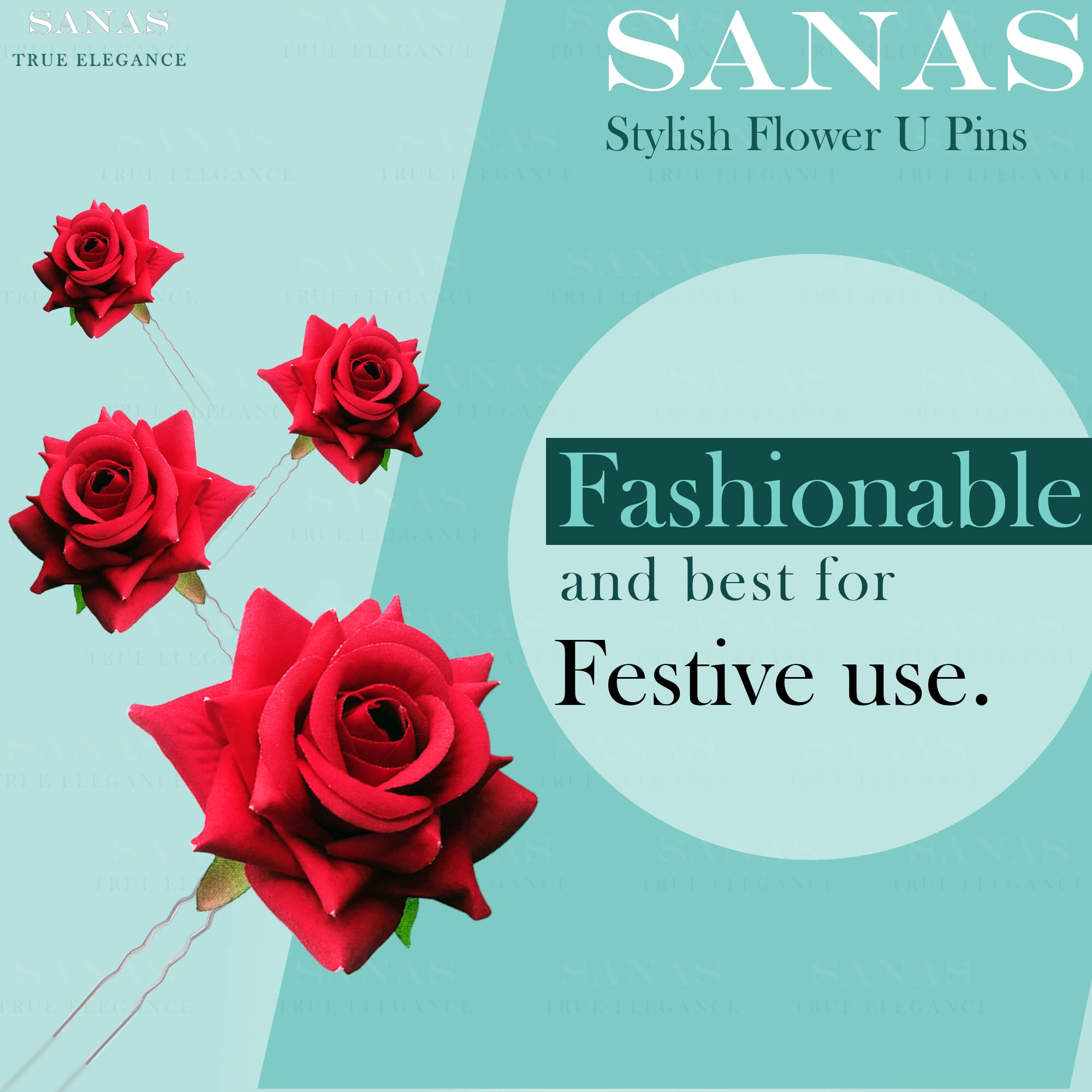 Sanas Floral Hair Clips Set of 4 - Red Rose Hair Accessories for Women, Wedding Hair Pins with Artificial Flowers, Decorative Hair Clips for Bridal, Prom, Party and Special Occasions