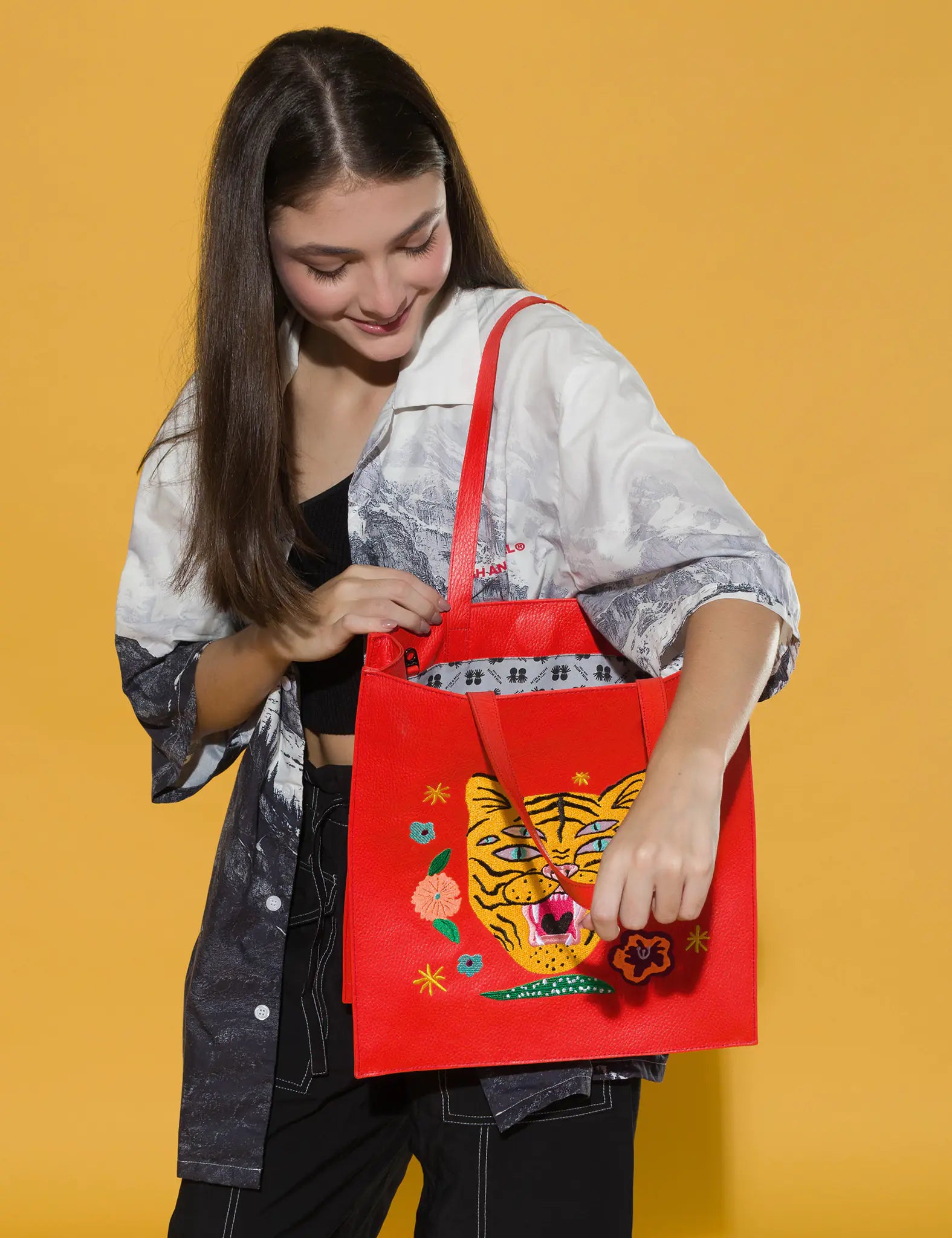 Marko Fiesta Red Leather Tote Bag with Tiger and Flowers Embroidery - Stylish Women's Handbag for Work, Travel & Everyday Use