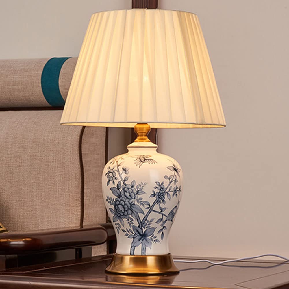 Blue White Ceramic Table Lamp - Hand Painted Floral Asian Design, Jingdezhen Porcelain Desk Lamp for Bedroom, Living Room, Nightstand, Home Office - Perfect for Reading, Relaxing & Decor