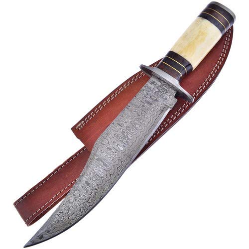 Premium Damascus Steel Bowie Knife with Sheath - Frost Cutlery VFD-20WW/SB Fixed Blade Hunting & Outdoor Survival Knife for Camping, Bushcraft & Tactical Use
