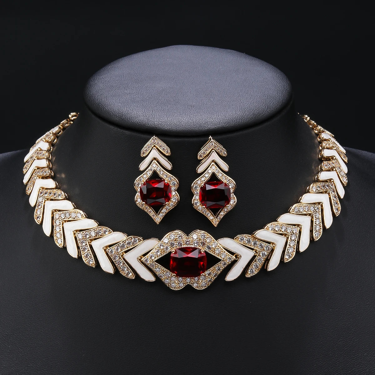 Cubic Zirconia White Enameled Lip Choker Necklace & Earrings Set for Women - Elegant Party Costume Jewelry Gift (CN11336) - Perfect for Prom, Halloween, and Special Occasions