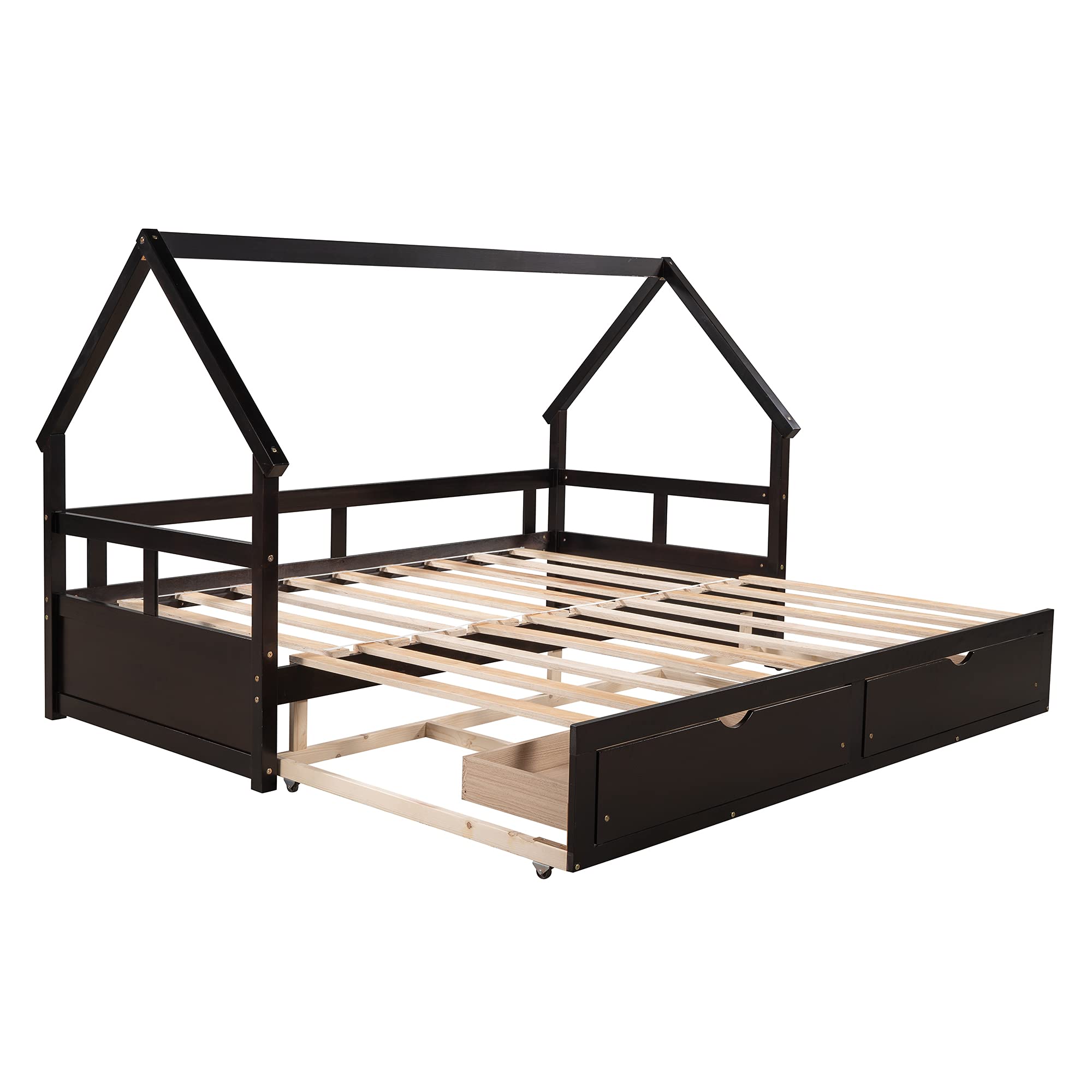 Wooden Daybed with Trundle & 2 Storage Drawers - Twin to King Size Convertible House Bed for Kids & Teens, No Box Spring Needed (Espresso) - Perfect for Guest Rooms, Dormitories & Small Spaces