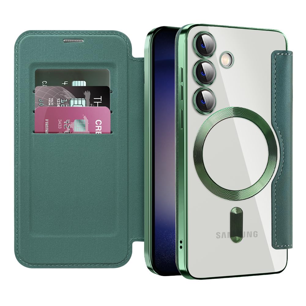 Magnetic Flip Wallet Case for Samsung Galaxy S22 - Shockproof PU Leather Cover with Card Slots & Magsafe Compatibility | Perfect for Everyday Use, Business Travel & Hands-Free Convenience (Green)