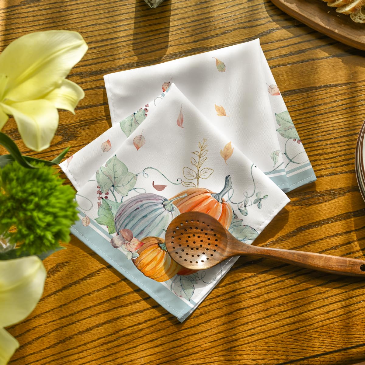 Premium 18x18 Inch Fall Cloth Napkins Set of 8 - Thanksgiving Harvest Orange & Blue Pumpkin Leaf Design - Washable Reusable Dinner Napkins for Autumn Parties, Holiday Decorations & Seasonal Table Settings