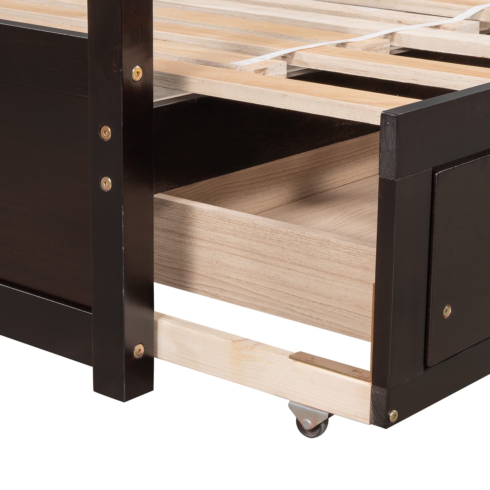 Wooden Daybed with Trundle & 2 Storage Drawers - Twin to King Size Convertible House Bed for Kids & Teens, No Box Spring Needed (Espresso) - Perfect for Guest Rooms, Dormitories & Small Spaces