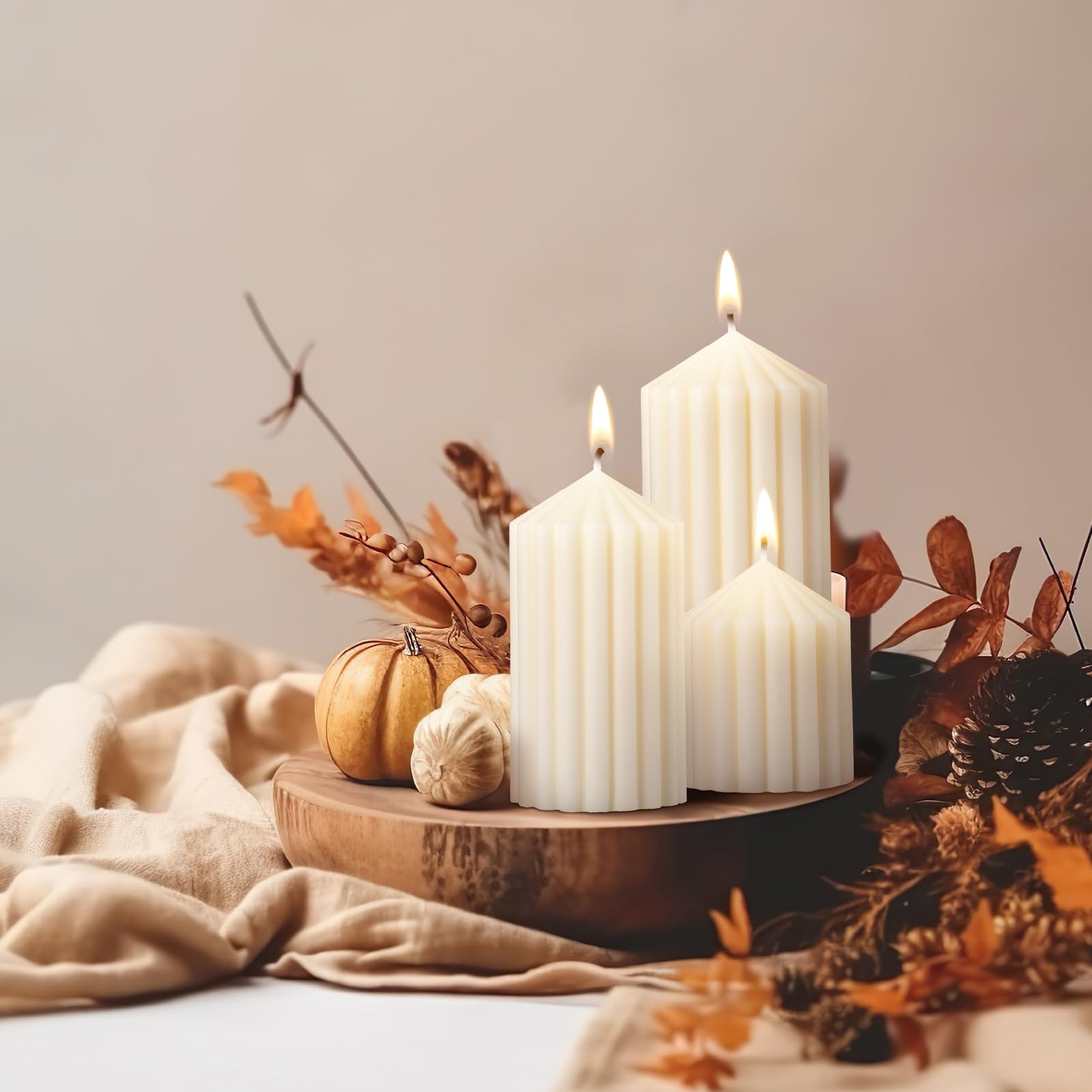 Soy Wax Ribbed Pillar Candles Set of 3 - Home Decor & Gifts