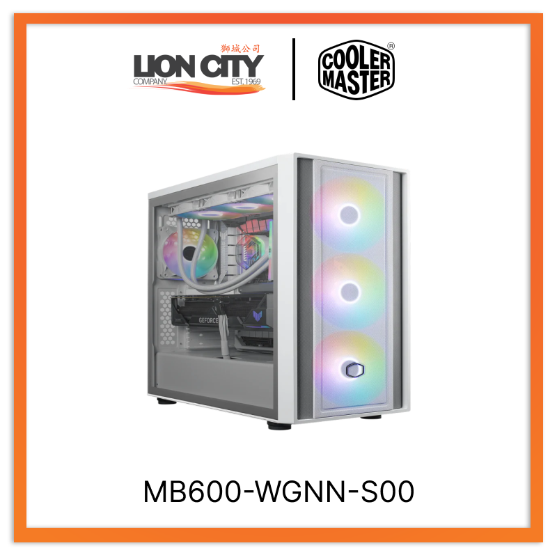 Cooler Master MB600 WGNN S00 MasterBox 600 ARGB ATX Mid Tower PC Case - Tempered Glass Side Panel, White - Perfect for Gaming Rigs & High-Performance Builds