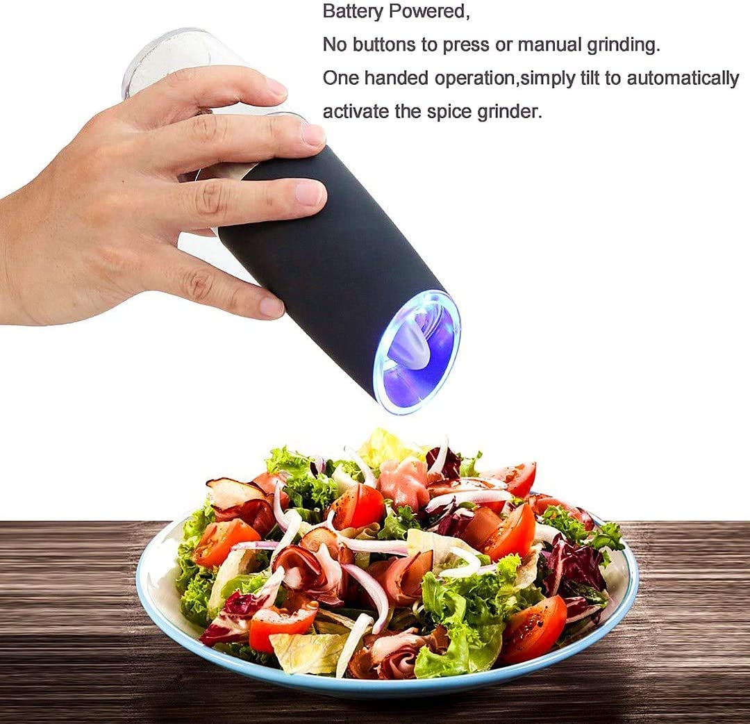 DLD Battery Operated Electric Pepper and Salt Grinder Set - Adjustable Coarseness, One-Handed Operation with Utility Brush, Stainless Steel Design [White Light] - Perfect for Kitchen, Dining Table, Camping & Gifts