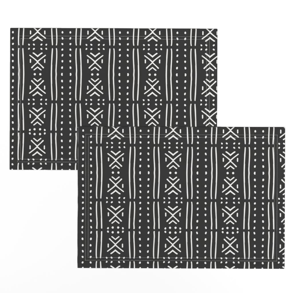 Premium Linen Cotton Canvas Placemats Set of 2 - Dark Geometric Boho Mudcloth Print in Black & White | Washable Table Mats for Dining Room, Kitchen Decor & Dinner Party Settings