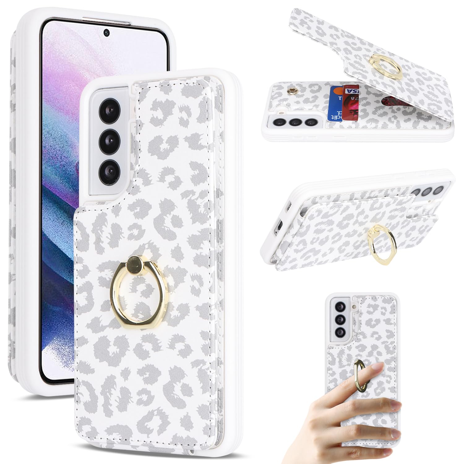 Samsung Galaxy S21 5G Wallet Case with Card Holder & Ring Stand - Cute White Leopard Design for Women (6.2