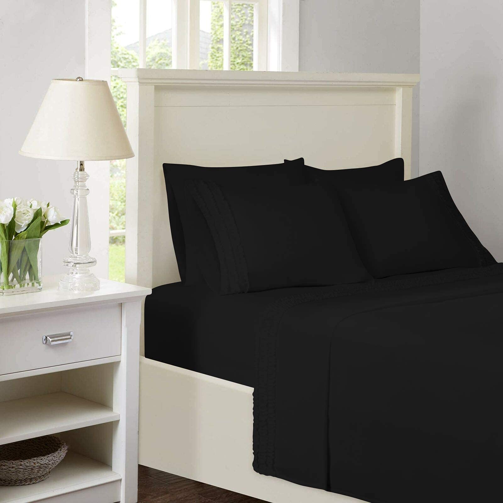 4 Piece 3 Line Ruffled Bed Sheet Set - 100% Egyptian Cotton 1000 Thread Count Queen Size (1 Fitted Sheet, 1 Flat Sheet, 2 Pillowcases) with 24