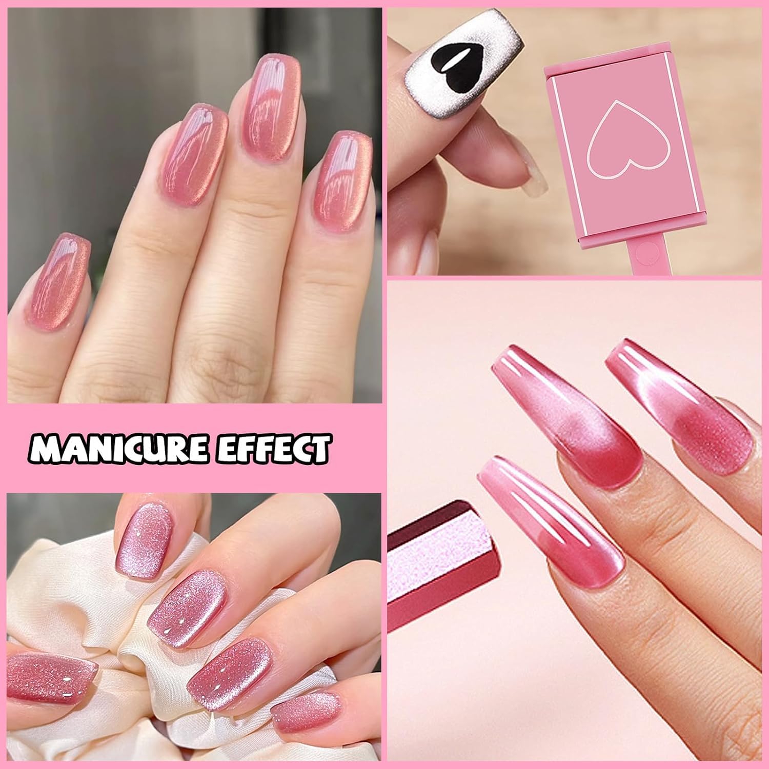 11PCS Cat Eye Gel Nail Polish Kit with 5-in-1 Magnet Tool, 9 Stripe Plates & Magnet Pen - Professional Nail Art Set for Salon & DIY Manicures at Home (Pink) - Perfect for Parties, Weddings & Special Occasions