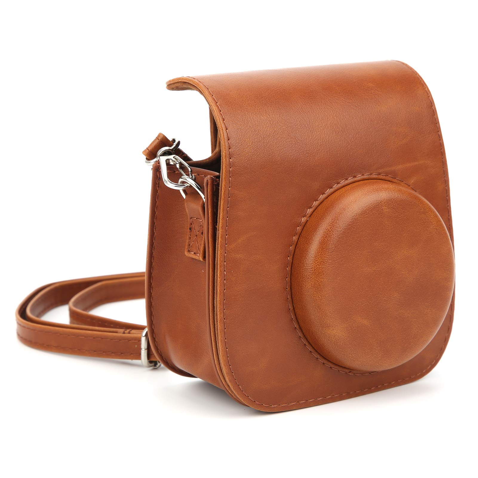 Vintage PU Leather Instant Camera Case - Detachable Shoulder Bag for Fujifilm Instax Mini 11/9/8 - Brown Sling Shell Camera Bag for Travel, Parties & Photography Enthusiasts