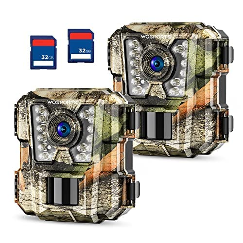 WOSPORTS Mini Trail Camera 2 Pack - 16MP 1080P HD Game Hunting Camera with 32GB SD Card, Waterproof Night Vision Wildlife Scouting Camera for Outdoor Monitoring, Hunting, and Security Surveillance