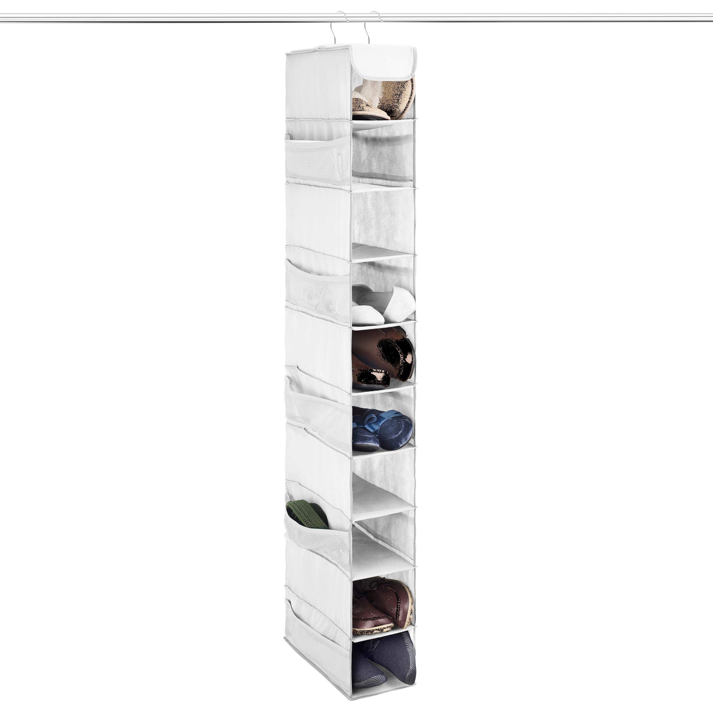 ZOBER 10-Shelf Hanging Shoe Organizer for Closet with Side Mesh Pockets - Space Saving Shoe Rack Storage (White, 1 Pack) - Perfect for Bedroom, Entryway & Dorm Organization