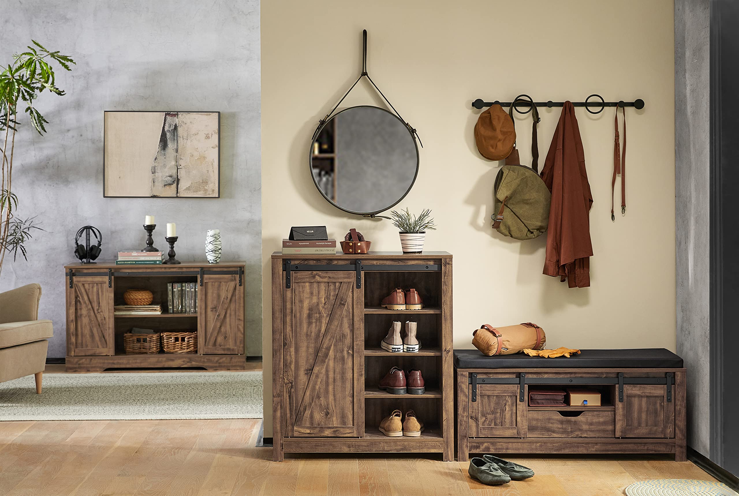 Haotian Industrial Style Shoe Storage Bench with Sliding Barn Doors - Entryway Hallway Shoe Cabinet with Drawer & Padded Seat Cushion - Rustic Window Bench for Mudroom, Living Room or Bedroom - Brown (FSR118-N)